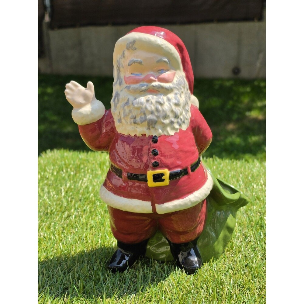 Vtg Duncan Ceramic Waving Santa Claus Candy Planter Dish Toy Sack 10.5" 12/25/84